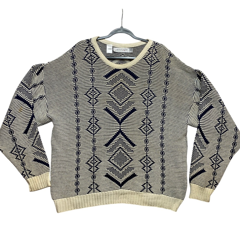 Jantzen Sweater Men L Navy Cream Geometric Jacquard M208 Made in USA